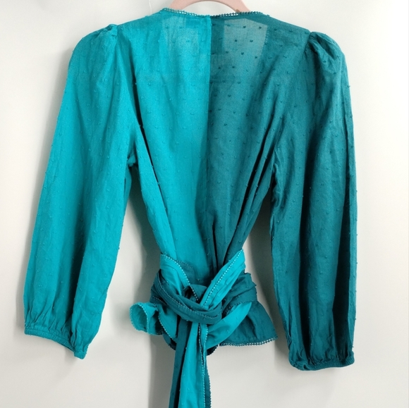 Farm Rio Anthropologie Color Block Teal Swiss Dot Wrap‎ Blouse - Picture 7 of 16
